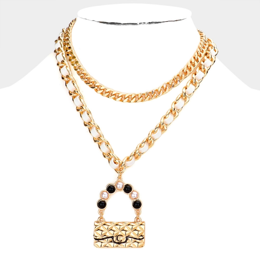 White Gold Chain Link Necklace Pearl Bag Pendant 2 Piece Leather Metal Statement